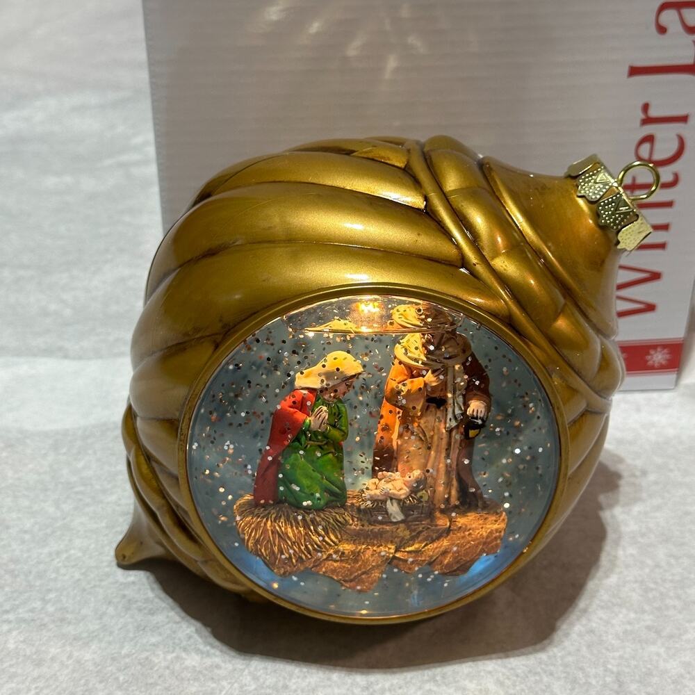 Winter Lane Nativity Musical Lighted Snow Globe Gold Ornament New
